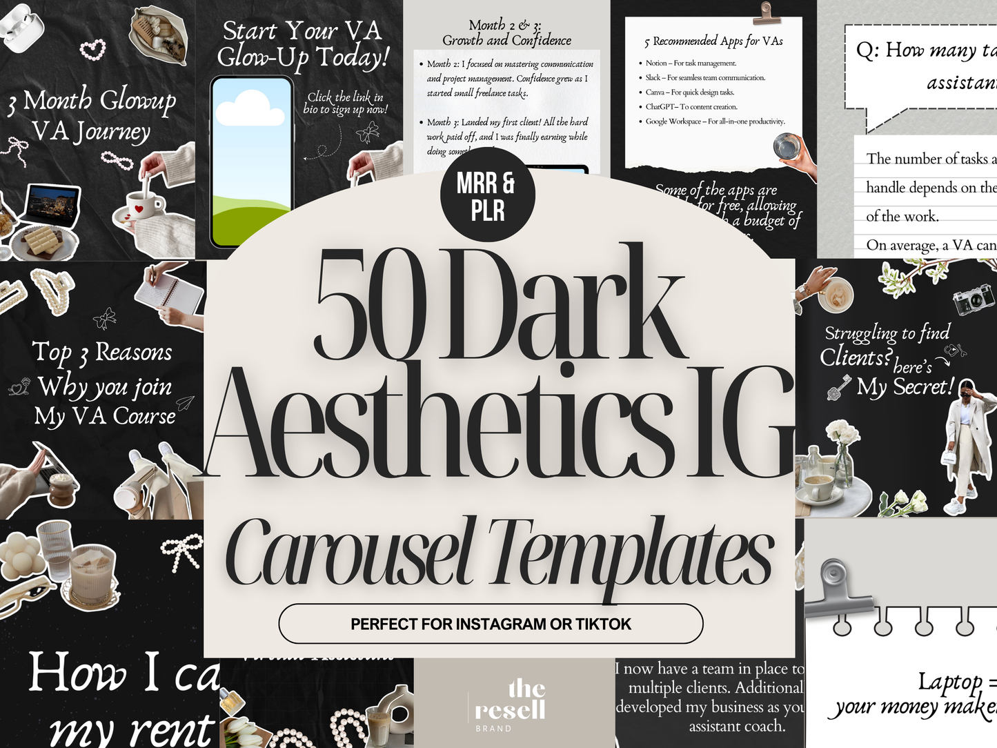 50 Dark Aesthetic Instagram Carousel Templates Canva | PLR + MRR Included | Editable Social Media Templates for IG Coaches + Brands