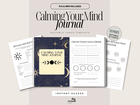 Calming Your Mind Journal Canva Template | 20 Pages Editable | Anxiety Relief Workbook PLR + MRR | Digital Mindfulness Journal