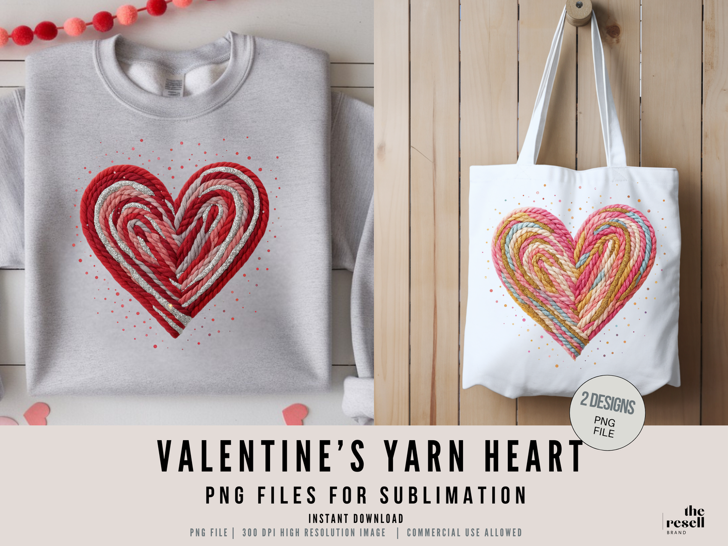 Cozy Yarn Hearts 300 DPI PNG | Valentine Sublimation Design Set | Knitted Heart Clipart for Sweaters, T-Shirts, Totes | POD & Commercial Use