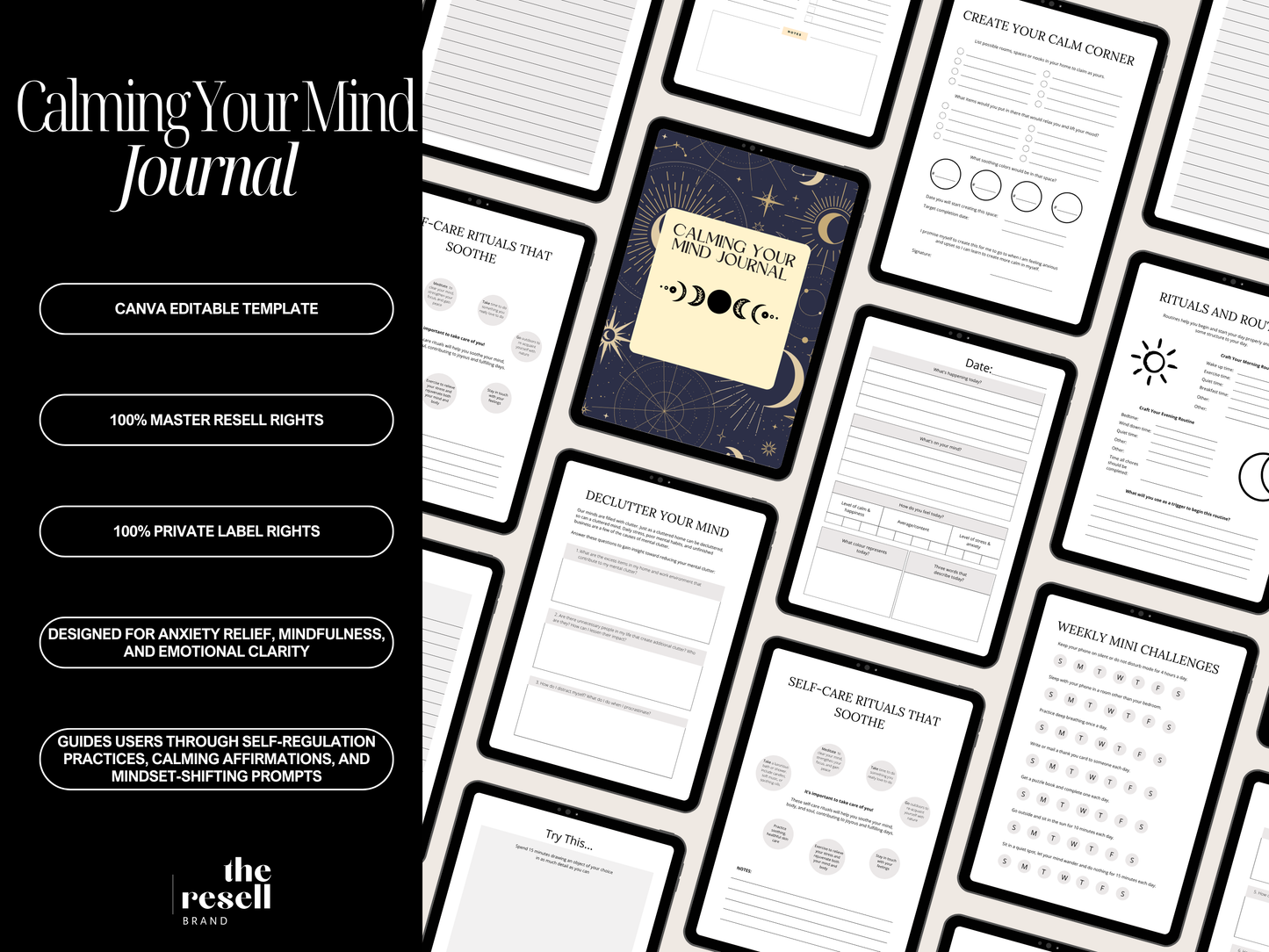 Calming Your Mind Journal Canva Template | 20 Pages Editable | Anxiety Relief Workbook PLR + MRR | Digital Mindfulness Journal