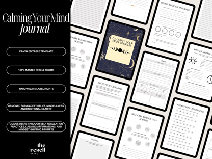 Calming Your Mind Journal Canva Template | 20 Pages Editable | Anxiety Relief Workbook PLR + MRR | Digital Mindfulness Journal