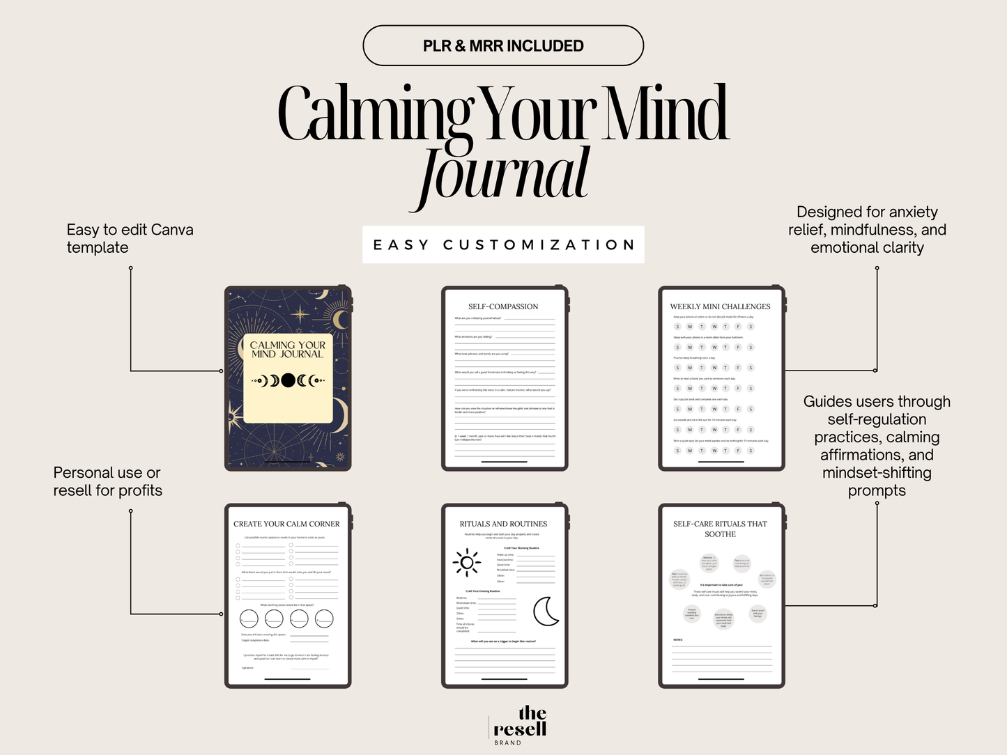 Calming Your Mind Journal Canva Template | 20 Pages Editable | Anxiety Relief Workbook PLR + MRR | Digital Mindfulness Journal