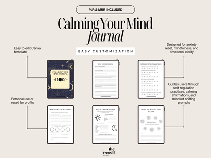 Calming Your Mind Journal Canva Template | 20 Pages Editable | Anxiety Relief Workbook PLR + MRR | Digital Mindfulness Journal
