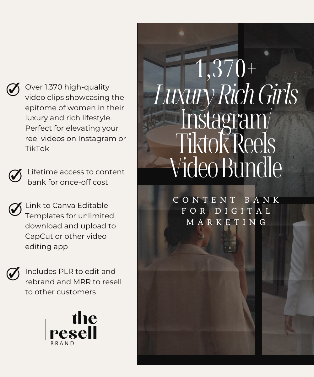 1370+ Luxury Rich Girls Instagram/TikTok Reel Videos Content Bank | Aesthetic High Quality Videos | MRR & PLR