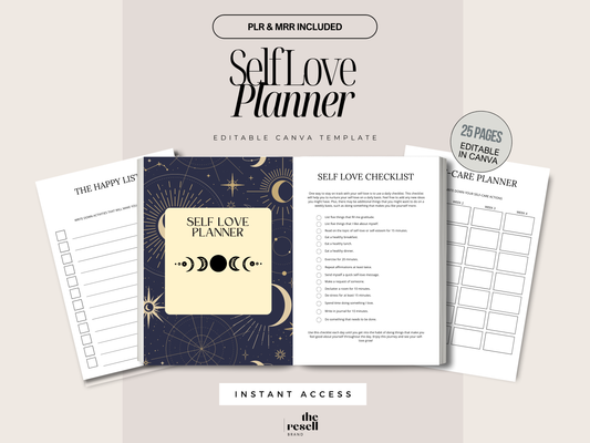Self Love Planner Canva Template | 25 Pages Editable | Self-Care & Confidence Journal PLR + MRR | Digital Wellness Workbook