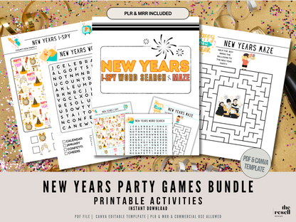 New Years Eve Party Games Bundle Canva PDF Printable | 4 Fun NYE Games Kids & Adults | Trivia, Icebreakers, Activities | Instant Download