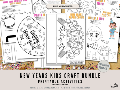 New Years Kids Crafts & Games Bundle Printable | NYE Activities for Kids | Handprint Crafts, Coloring Pages | 2026 New Year | PDF and Canva