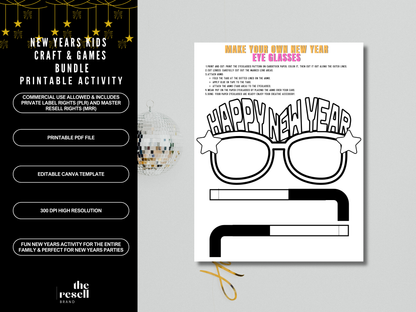 New Years Kids Crafts & Games Bundle Printable | NYE Activities for Kids | Handprint Crafts, Coloring Pages | 2026 New Year | PDF and Canva