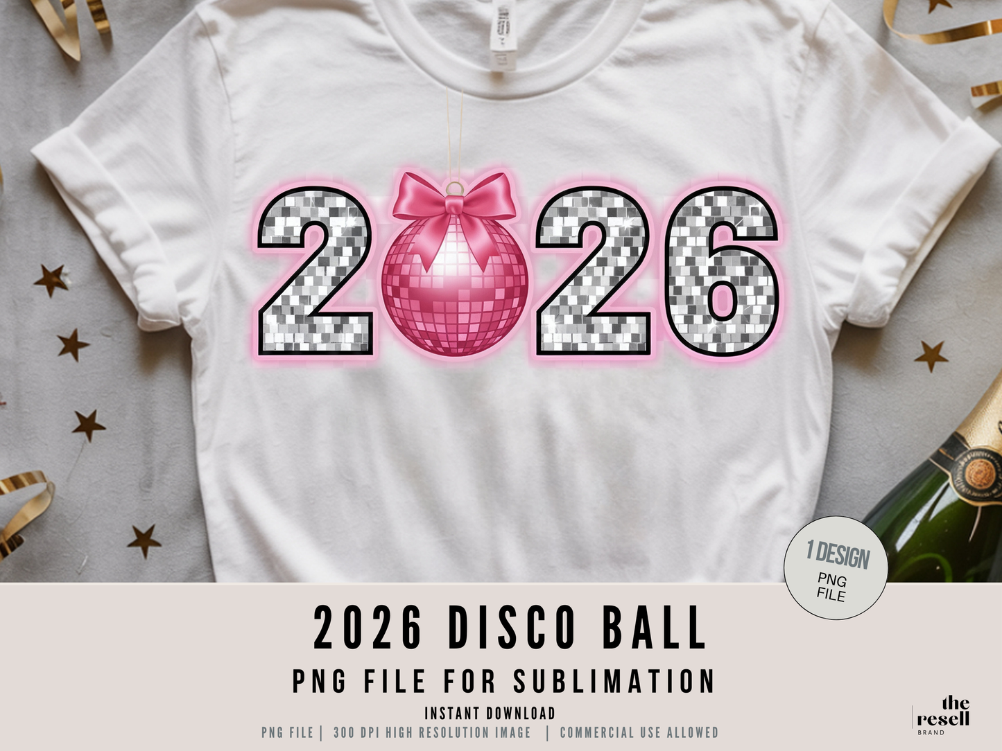 2026 Disco Ball 300 DPI PNG | New Years Eve Sublimation Design | Pink Glitter Party Shirt Art | POD & Commercial Use