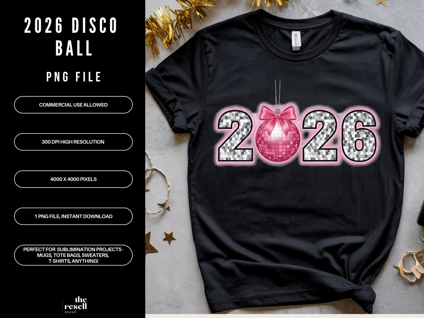 2026 Disco Ball 300 DPI PNG | New Years Eve Sublimation Design | Pink Glitter Party Shirt Art | POD & Commercial Use