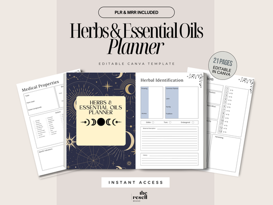 Herbs & Essential Oils Planner Canva Template | 21 Pages Editable | Holistic Wellness Guide PLR + MRR | Digital Herbal Journal
