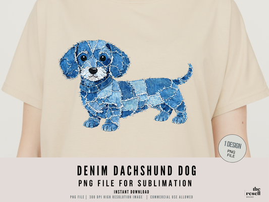 Denim Dachshund 300 DPI PNG | Cute Dachshund Sublimation Design | Blue Jean Dog Clipart | Sausage Dog Art | POD Commercial Use