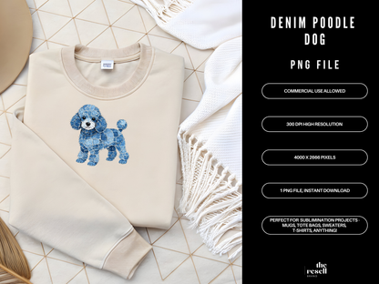Denim Poodle Dog 300 DPI PNG | Cute Poodle Sublimation Design | Blue Jean Dog Clipart | Pet Shirt Art | POD Commercial Use