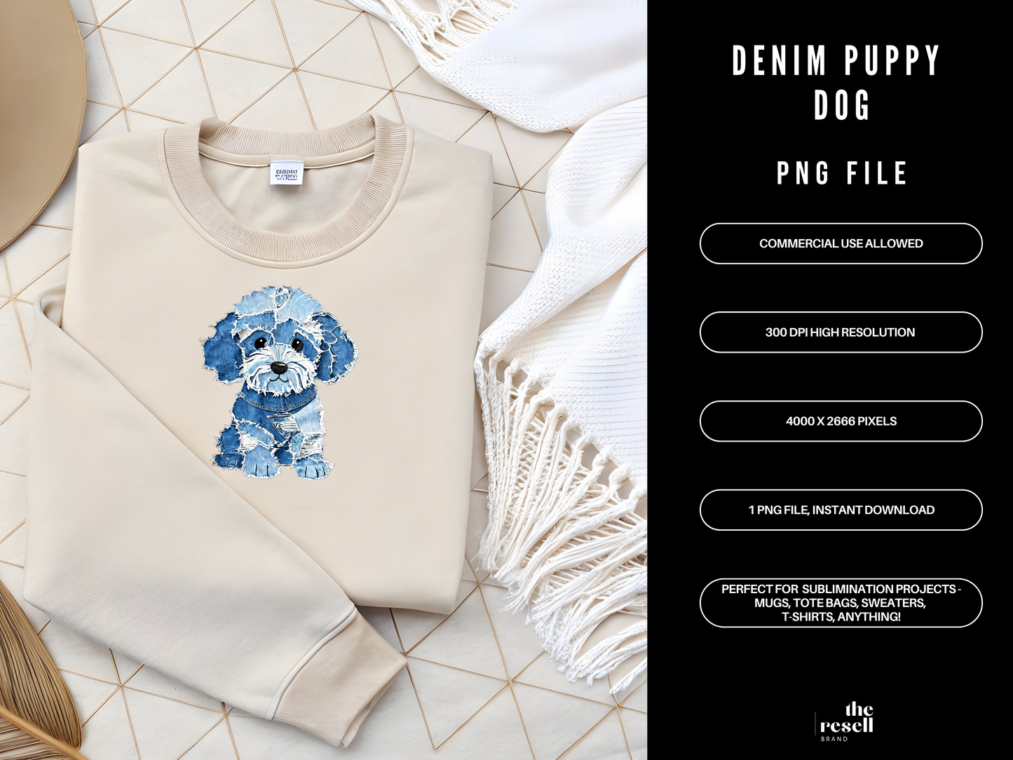 Denim Puppy Dog 300 DPI PNG | Cute Puppy Sublimation Design | Blue Jean Dog Clipart | Pet Shirt Art | POD & Commercial Use