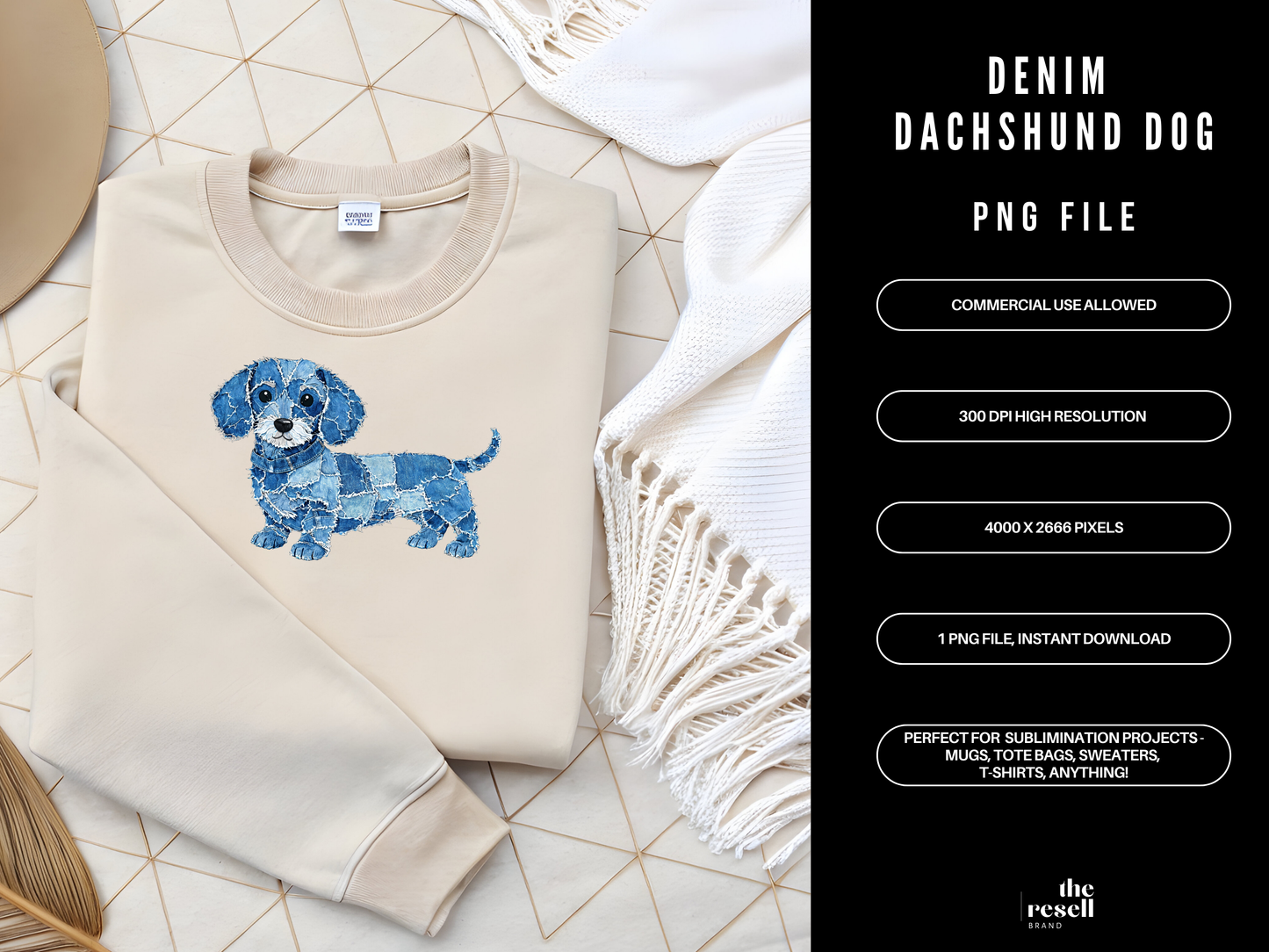 Denim Dachshund 300 DPI PNG | Cute Dachshund Sublimation Design | Blue Jean Dog Clipart | Sausage Dog Art | POD Commercial Use