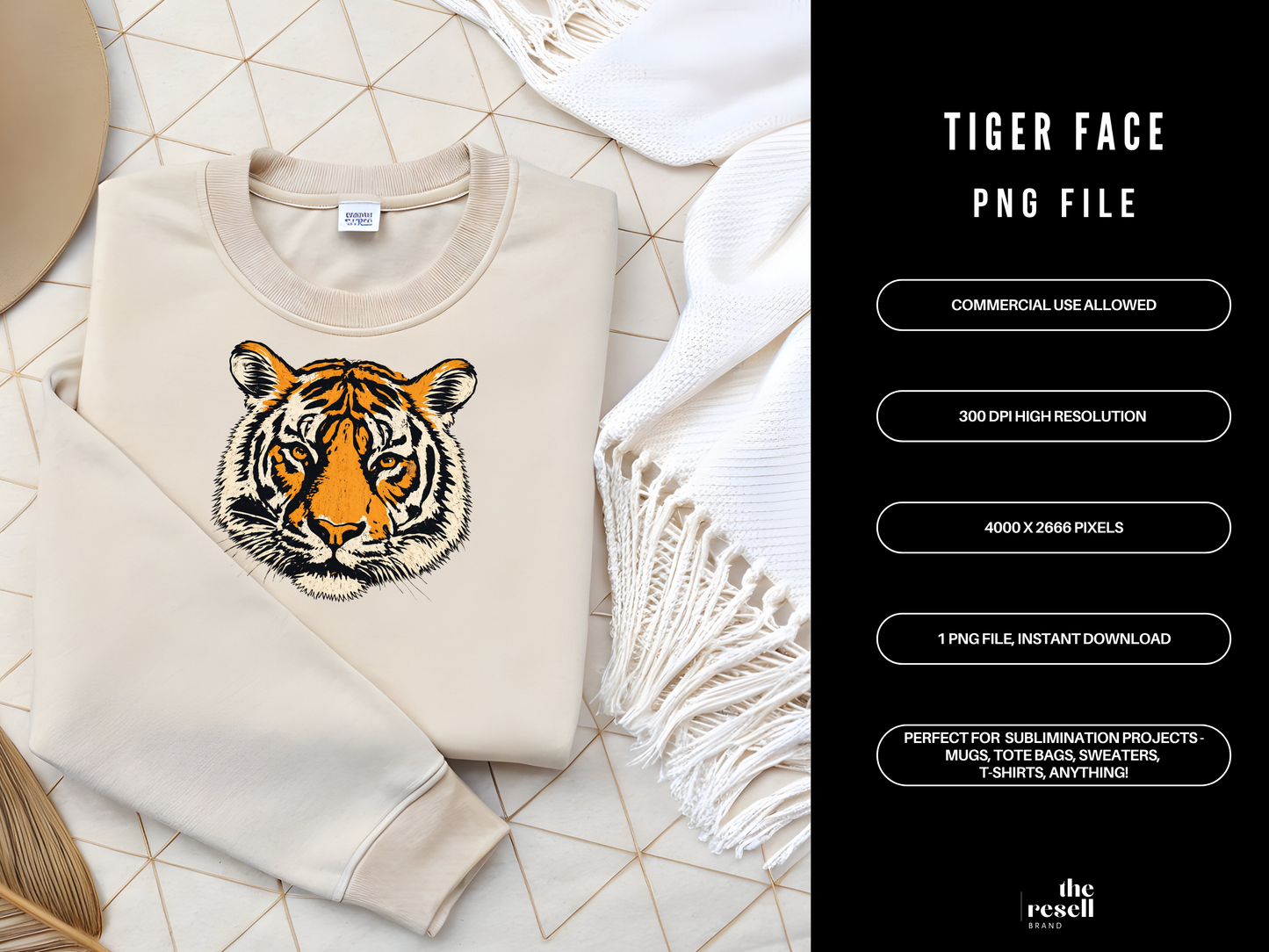 Tiger Face 300 DPI PNG | Fierce Tiger Sublimation Design | Vintage Tiger Head Clipart | Animal Shirt Art | POD Commercial Use