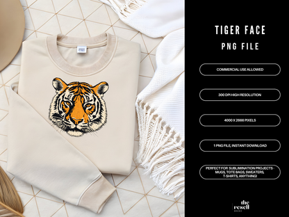 Tiger Face 300 DPI PNG | Fierce Tiger Sublimation Design | Vintage Tiger Head Clipart | Animal Shirt Art | POD Commercial Use