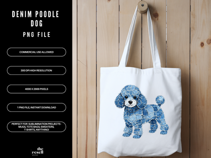 Denim Poodle Dog 300 DPI PNG | Cute Poodle Sublimation Design | Blue Jean Dog Clipart | Pet Shirt Art | POD Commercial Use