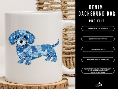 Denim Dachshund 300 DPI PNG | Cute Dachshund Sublimation Design | Blue Jean Dog Clipart | Sausage Dog Art | POD Commercial Use