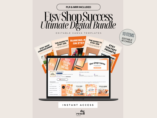 Etsy Digital Shop Starter Bundle | 10 PLR & MRR Digital Products – Banners, Mockups, eBooks, Templates | Canva Editable