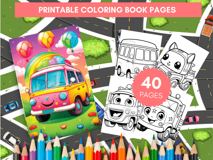 Cute Kawaii Vehicles Transportation Kids Coloring Book (40 Printable PDF Coloring Pages)