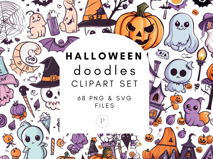 Cute Pastel Halloween Doodle Elements Clipart | 68 PNG & SVG Bundle | Digital Download | Full Commercial Use Allowed