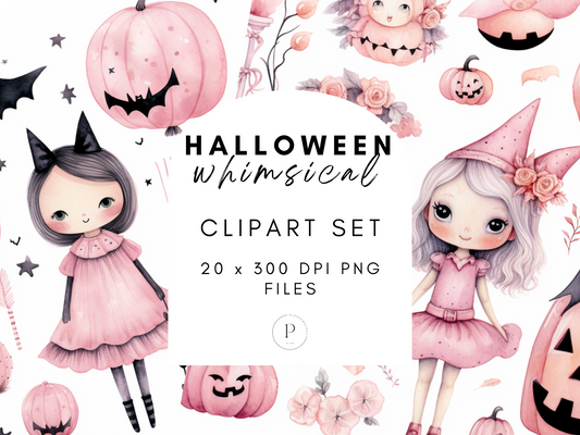 Pastel Pink Halloween Whimsical Watercolor Clipart Images | 20 PNG 300 DPI Bundle | Digital Download | Full Commercial Use Allowed