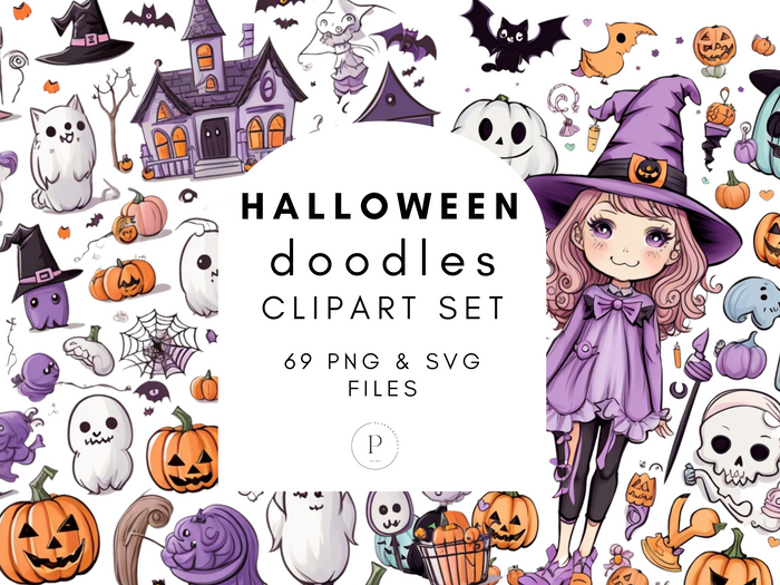 Cute Pastel Halloween Doodle Elements Clipart | 69 PNG & SVG Bundle | Digital Download | Full Commercial Use Allowed
