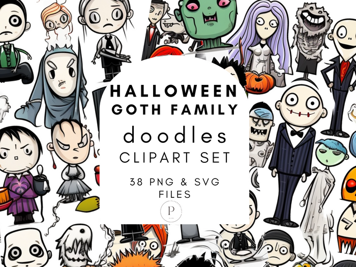 Halloween Goth Family Creepy Spooky Characters Doodles Clipart Images | 38 PNG & SVG Bundle | Digital Download | Full Commercial Use Allowed