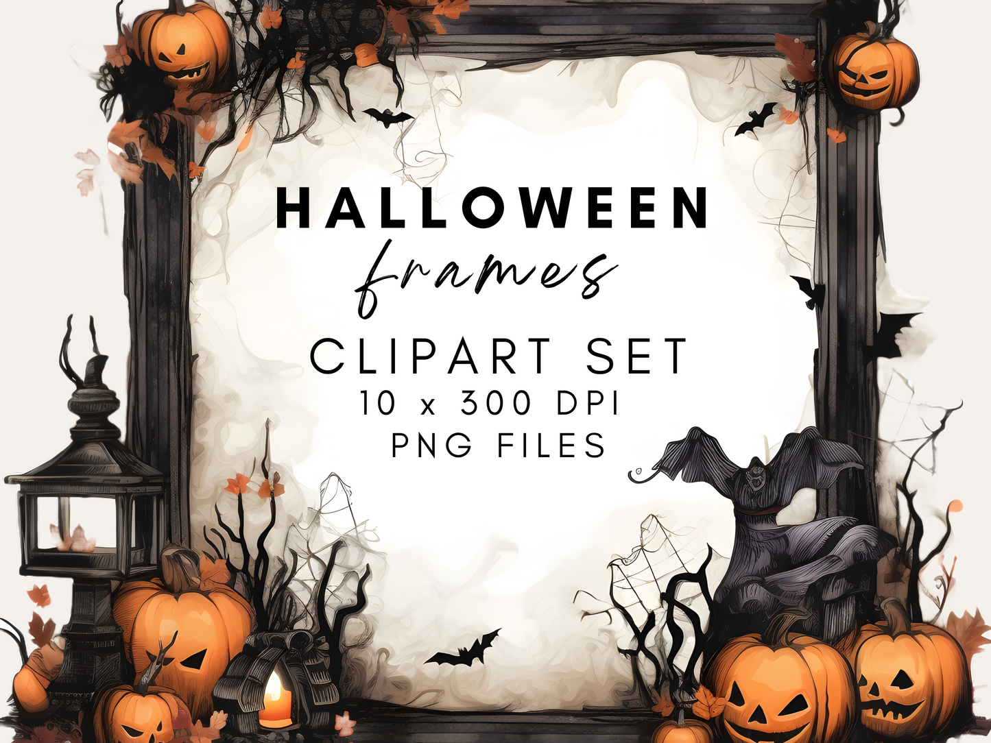 Halloween Frames Watercolor Clipart Images | 10 PNG 300 DPI Bundle | Digital Download | Full Commercial Use Allowed