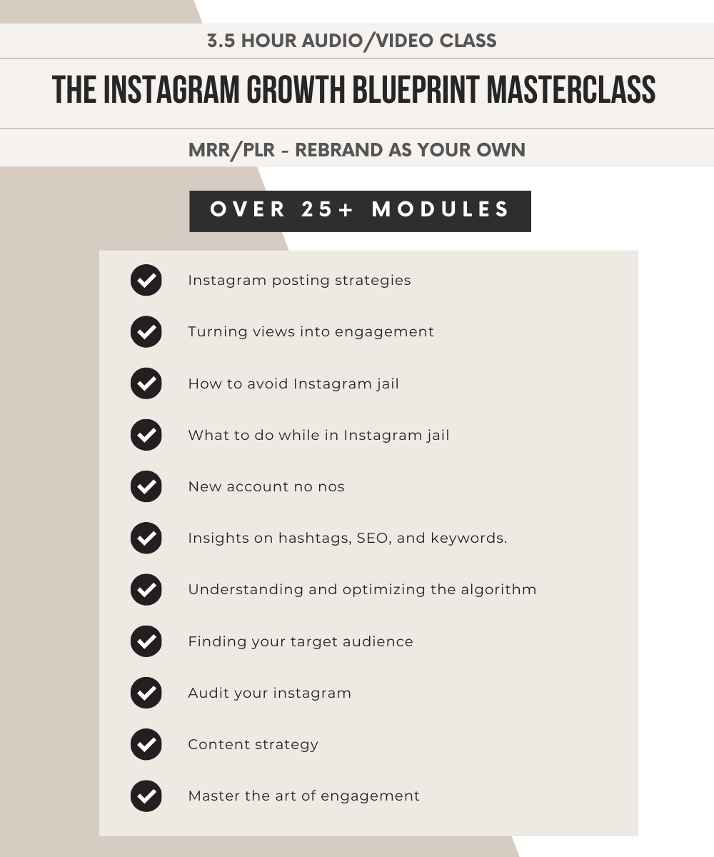 The Instagram Growth Masterclass 3 Hour Video Course | 25 Modules, 99 Videos | Viral IG 101 Blueprint Mini Course | Digital Marketing Course with PLR & MRR