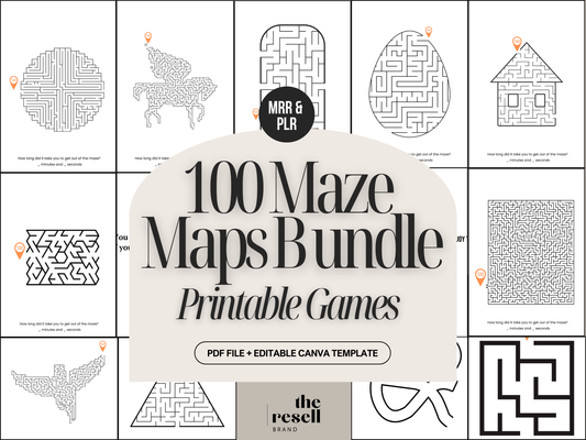 100 Maze Maps Bundle | Canva Editable + PDF | Printable Puzzle Games Pages for Kids & Adults | PLR + MRR License for Resell | Kindle KDP