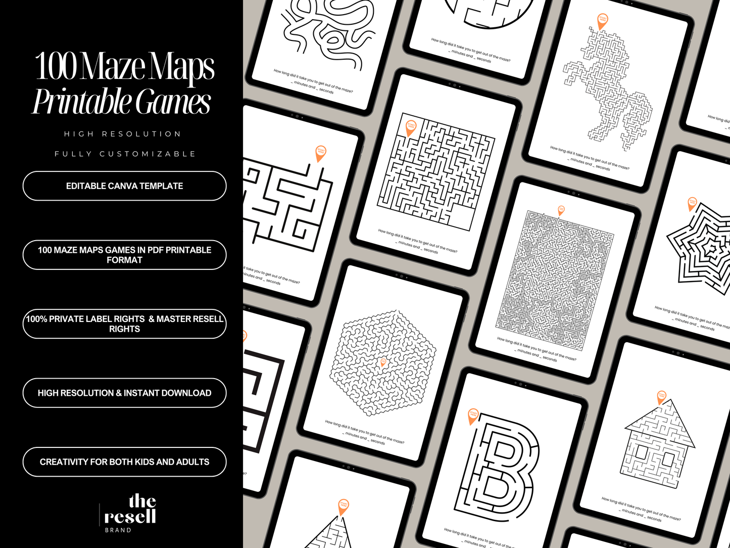 100 Maze Maps Bundle | Canva Editable + PDF | Printable Puzzle Games Pages for Kids & Adults | PLR + MRR License for Resell | Kindle KDP