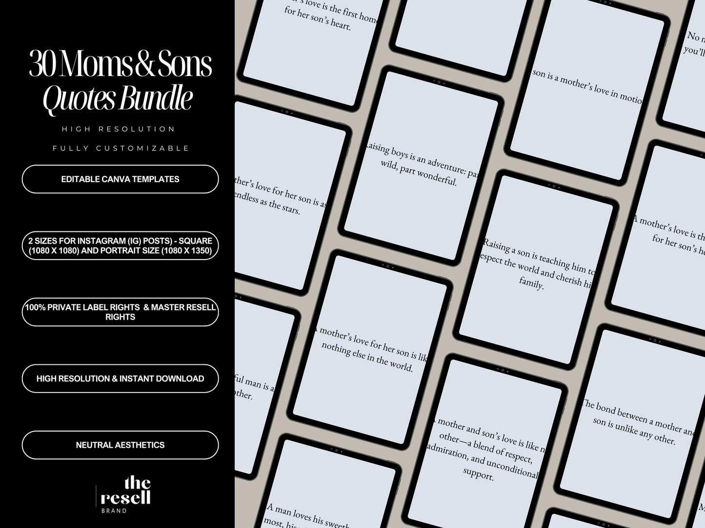 30 Canva Mom & Son Quote Templates for Instagram | Carousels & Posts Square + Portrait Sizes | Editable PLR Content | MRR Included | PNG Download