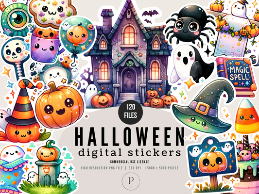 120+ Halloween Kawaii Digital Stickers PNG Files with White Border | Cute Spooky Clipart Bundle | High Res 300 DPI | Instant Download