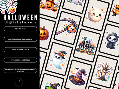 120+ Halloween Kawaii Digital Stickers PNG Files with White Border | Cute Spooky Clipart Bundle | High Res 300 DPI | Instant Download