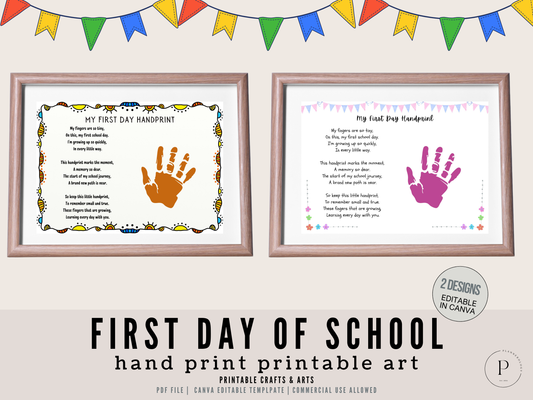 First Day of School Handprint Art | Back to School Printable Sign | Kids Keepsake Craft | Preschool DIY Activity | PDF JPG Canva Template