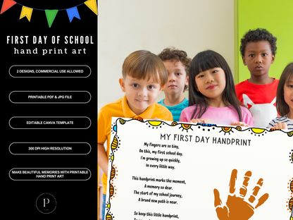 First Day of School Handprint Art | Back to School Printable Sign | Kids Keepsake Craft | Preschool DIY Activity | PDF JPG Canva Template