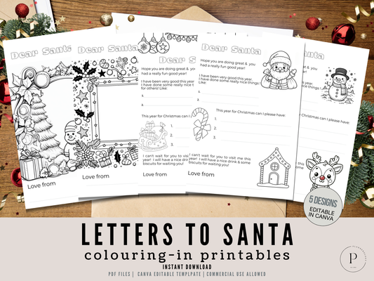 Letters to Santa Coloring Pages | Editable Canva Template + PDF | 5 Christmas Designs for Kids | Holiday Activity Printable