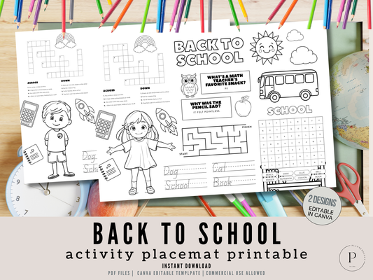 Back to School Coloring In Activity Placemat Printable | Editable Canva Template + PDF | First Day Kids Activity Page | 2 Designs-Boy & Girl