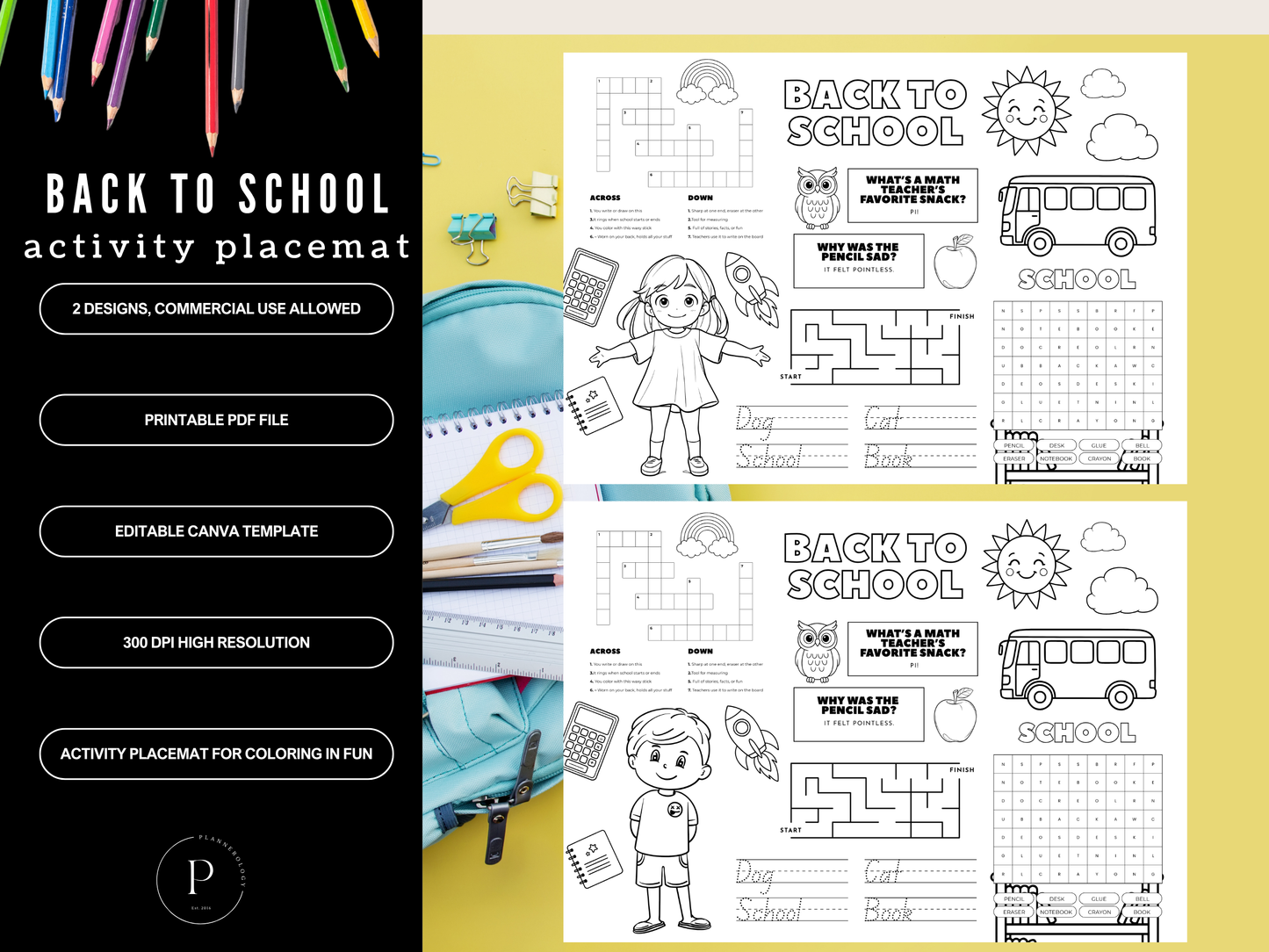Back to School Coloring In Activity Placemat Printable | Editable Canva Template + PDF | First Day Kids Activity Page | 2 Designs-Boy & Girl