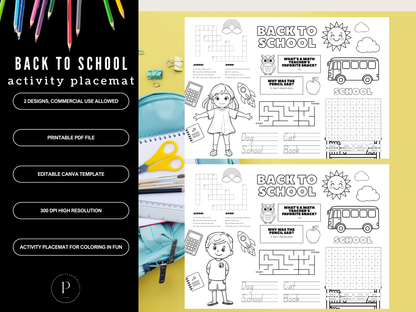 Back to School Coloring In Activity Placemat Printable | Editable Canva Template + PDF | First Day Kids Activity Page | 2 Designs-Boy & Girl