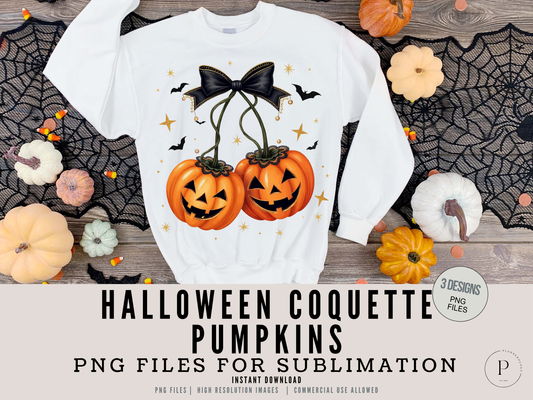 Coquette Halloween Pumpkin PNG Files | 3 Vintage Pumpkins with Bows Designs | Sublimation Clipart for Shirts, Sweaters, Totes