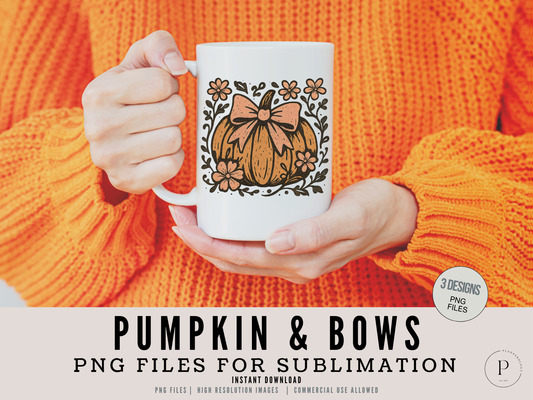 Vintage Retro Coquette Pumpkins & Bows PNG Set | 3 Fall Sublimation Designs | Commercial Use | Shirts, Mugs, Sweaters, Totes