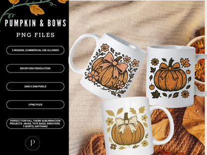 Vintage Retro Coquette Pumpkins & Bows PNG Set | 3 Fall Sublimation Designs | Commercial Use | Shirts, Mugs, Sweaters, Totes