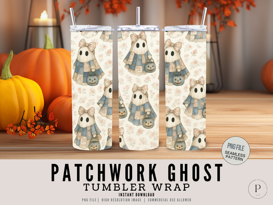 Patchwork Ghost 20oz Tumbler Wrap PNG | Whimsical Pastel Coquette Cozy Halloween Seamless Design | Sublimation Clipart | Commercial Use