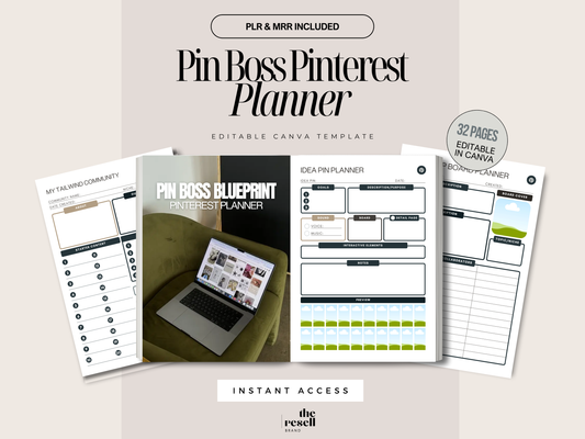 Pin Boss Pinterest Planner Canva Template | 32 Editable Pages | PLR + MRR | Pinterest Strategy Planner for Business Growth