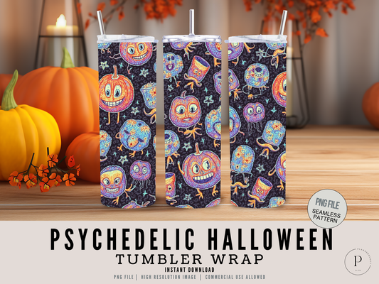 Psychedelic Halloween 20oz Skinny Tumbler Wrap PNG | Iridescent Seamless Sublimation Design | Quirky Fun High-Res | Commercial Use