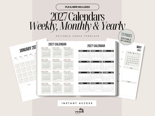 2027 Calendar Weekly Monthly Yearly Planner Diary | 75 Pages Editable Canva Template | Neutral Minimalist  | PLR + MRR
