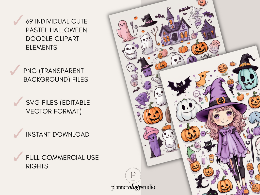 Cute Pastel Halloween Doodle Elements Clipart | 69 PNG & SVG Bundle | Digital Download | Full Commercial Use Allowed